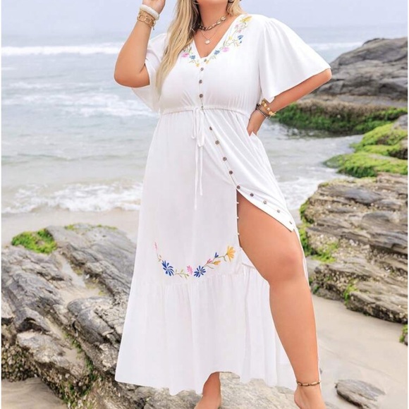 Boho Plus Size Floral Embroidered Button Down Short Sleeve Maxi Dress  White - Picture 2 of 6
